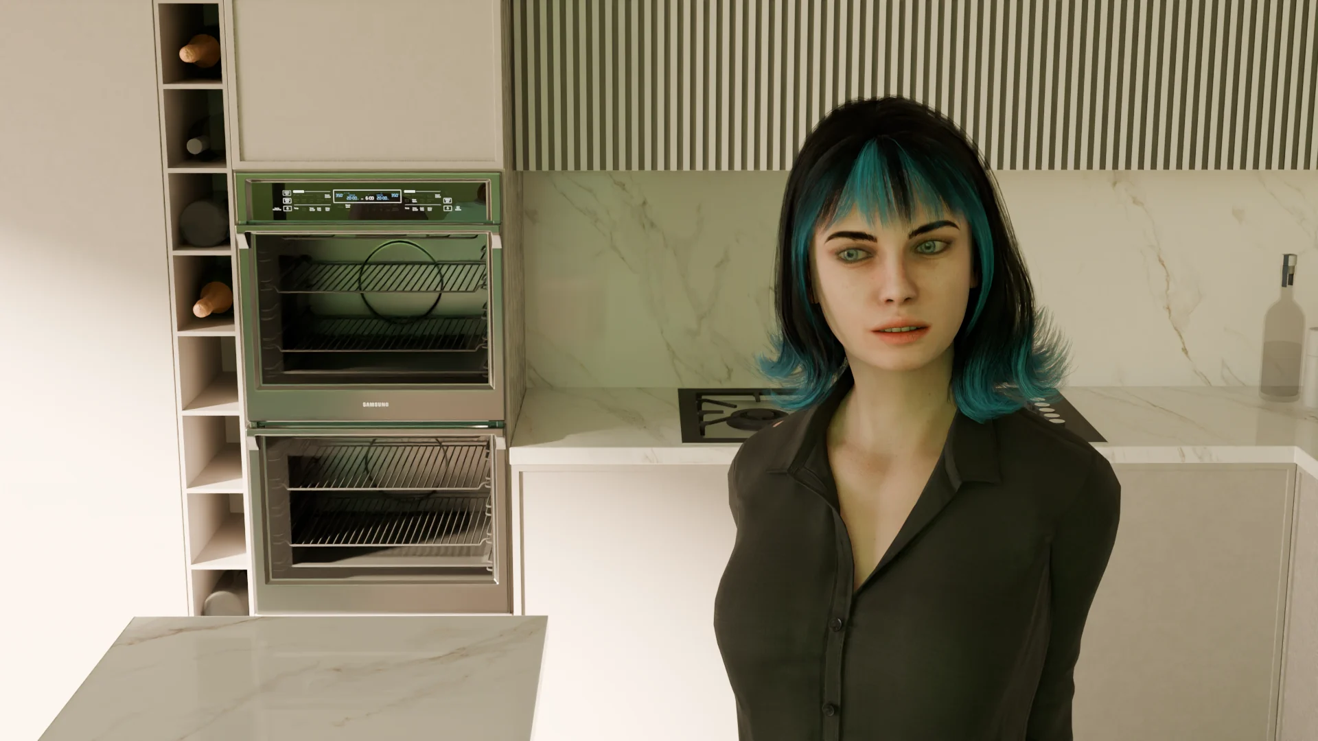 Elise in a warmly lit kitchen, a development image from the series
