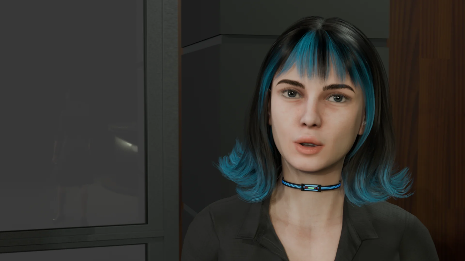 Current character concept for Elise, with teal-streaked hair and a dark shirt